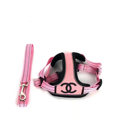 chewnel dog pink harness and leash set 
